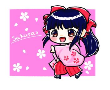 1girl artist_name blue_hair blush bow breasts brown_eyes character_name cherry_blossom_print chibi english_text floral_print hair_ribbon hand_on_own_hip highres japanese_clothes long_hair long_skirt medium_breasts open_mouth outstretched_arm pink_lips ponytail red_bow ribbon sakura_taisen sega shinguuji_sakura skirt solo thighs tongue