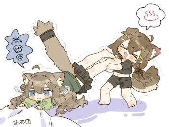 >_< 2girls ahoge animal_ear_fluff animal_ears barefoot black_shirt black_shorts black_skirt blush_stickers brown_hair cat_ears cat_girl cat_tail closed_eyes closed_mouth commentary_request crop_top cropped_shirt detached_ahoge dog_ears dog_girl dog_tail futon green_sweater hair_ornament hairclip highres kipfel_(vrchat) long_hair long_sleeves mamehinata midriff multiple_girls navel notamaru_2 open_mouth pulling shirt short_sleeves shorts simple_background skirt spoken_symbol sweat sweater tail tears trembling vrchat white_background