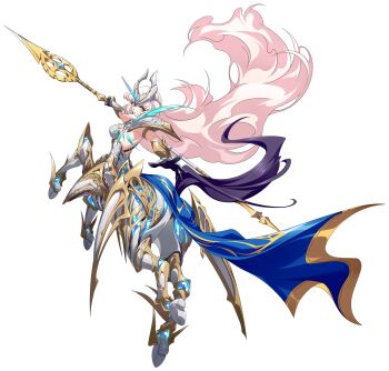 1girl absurdres armlet armor barding bare_back big_hair black_gloves blue_cape blue_feathers boobplate breastplate breasts cape centaur centauroid cross-shaped_pupils elisse_(langrisser) feathers floating_cape floating_hair from_behind full_body game_cg gloves gold_armlet gold_trim green_eyes headpiece highres holding holding_polearm holding_weapon hooves horns horse_tail jewelry langrisser langrisser_mobile long_hair looking_at_viewer looking_back medium_breasts monster_girl multiple_legs official_alternate_costume official_art parted_lips pauldrons pink_hair polearm reaching reaching_towards_viewer rearing second-party_source serious shoulder_armor simple_background single_horn solo spear strap symbol-shaped_pupils tachi-e tail taur transparent_background unicorn_horn vambraces very_long_hair waist_cape warrior weapon