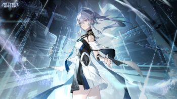 1girl aether_gazer ahoge artist_request character_request copyright_name copyright_notice dress from_side grey_eyes grey_hair hair_between_eyes heterochromia highres long_hair non-web_source official_art purple_eyes second-party_source solo twintails white_dress
