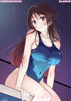 1girl artist_name blue_one-piece_swimsuit breasts brown_eyes brown_hair cleavage closed_mouth collarbone commentary covered_navel english_commentary feet_out_of_frame gurinsensei highres kanojo_okarishimasu large_breasts long_hair looking_at_viewer mizuhara_chizuru night one-piece_swimsuit patreon_username poolside purple_skirt sitting skirt sky solo star_(sky) starry_sky swimsuit twitter_username twitter_x_logo wet