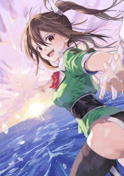 1girl bow bowtie breasts brown_eyes brown_hair cloud cloudy_sky commentary_request gloves green_jacket hair_between_eyes hair_ribbon highres jacket kantai_collection looking_at_viewer ocean open_mouth pelvic_curtain pulling red_bow red_bowtie ribbon single_thighhigh sky sunrise thighhighs tone_(kancolle) tone_kai_ni_(kancolle) twintails white_ribbon yami_(m31)