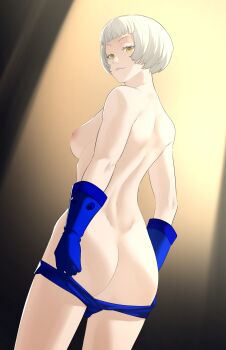 1girl absurdres ass back blue_gloves blue_panties breasts closed_mouth commentary elbow_gloves elizabeth_(persona) gloves hat highres large_breasts looking_at_viewer looking_back nipples panties panty_pull persona persona_3 pomelomelon short_hair smile solo thighs topless_female underwear white_hair yellow_eyes