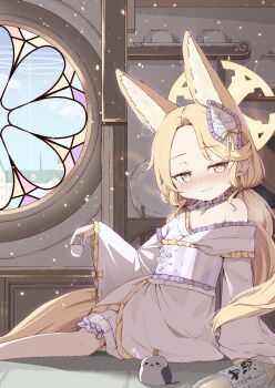 1girl absurdres animal_ears bird blonde_hair blue_archive blush closed_mouth commentary_request cup extra_ears fox_ears fox_girl fox_tail halo highres holding holding_cup japanese_clothes kimono kyouwashi long_hair nose_blush seia_(blue_archive) single_bare_shoulder single_off_shoulder solo tail white_kimono yellow_eyes yellow_halo