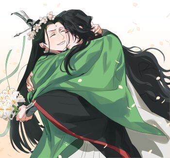 2boys bindi black_hair black_hanfu bracer chinese_clothes closed_eyes flower gradient_background green_hanfu green_ribbon hair_bun hanfu head_wreath highres holding holding_flower hug korean_commentary long_hair long_sleeves luo_binghe male_focus multiple_boys petals qwert021600 renzha_fanpai_zijiu_xitong ribbon ribboned_xiao_guan shen_qingqiu smile wide_sleeves xiao_guan_(headdress) yaoi