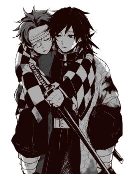 2boys bandage_over_one_eye bandaged_head bandages belt black_hair black_jacket black_pants carrying checkered_haori closed_eyes demon_slayer_uniform dirty dirty_face earrings greyscale hanafuda_earrings haori holding holding_sword holding_weapon injury jacket japanese_clothes jewelry kamado_tanjirou katana kimetsu_no_yaiba long_hair male_focus monochrome multiple_boys pants parted_bangs parted_lips piggyback short_hair sinba_(ying-hua) sword tomioka_giyuu weapon white_background white_belt
