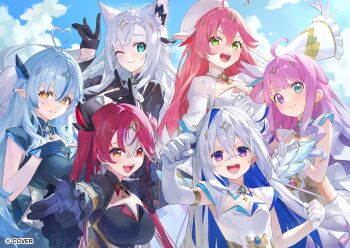 6+girls ahoge amane_kanata animal_ears aqua_eyes asymmetrical_gloves black_gloves blue_hair blue_sky breasts cleavage clenched_hand closed_mouth cloud commentary_request double_fox_shadow_puppet dress elbow_gloves elf fox_ears fox_girl fox_shadow_puppet gloves green_eyes grey_hair hair_between_eyes heterochromia highres himemori_luna hololive houshou_marine kobuta large_breasts looking_at_viewer mahou_shoujo_holowitch! multiple_girls official_art one_eye_closed open_mouth outdoors pink_hair pointy_ears purple_eyes red_eyes red_hair sakura_miko second-party_source shirakami_fubuki single_elbow_glove sky teeth uneven_gloves upper_teeth_only virtual_youtuber white_gloves yellow_eyes yukihana_lamy