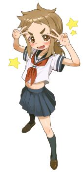 1girl brown_eyes brown_hair child commentary_request double_v funifuchan hibino_mina highres karakai_jouzu_no_takagi-san midriff navel pleated_skirt school_uniform serafuku simple_background skirt star_(symbol) takagi-san v v-shaped_eyebrows white_background