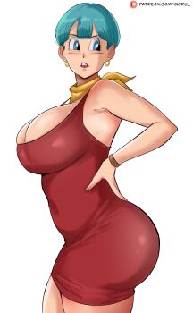 1girl absurdres blue_eyes blush breasts bulma dragon_ball dragon_ball_super earrings female_focus green_hair highres huge_breasts jewelry looking_at_viewer mature_female medium_hair panarandom piercing scarf simple_background solo white_background yellow_scarf