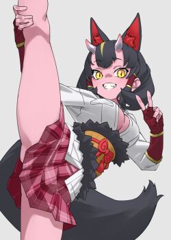 1girl animal_ear_fluff animal_ears bare_legs black_hair breasts colored_skin commentary extra_ears fingerless_gloves fox_ears fox_tail gloves grey_background grin hair_tubes hand_on_own_leg highres horns kemono_friends kinkaku_(kemono_friends) large_breasts leg_up long_sleeves pink_skin pink_skirt plaid_clothes plaid_skirt pleated_skirt red_gloves shirt simple_background skirt smile solo split standing standing_on_one_leg standing_split tail tanabe_(fueisei) untucked_shirt v white_shirt