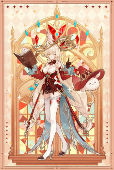 Rule 34 | 1girl, absurdres, alice (genshin impact), arm up, armpits, black gloves, blonde hair, blush, book, breasts, checkered background, cleavage, closed mouth, coldeye, commentary request, cross-shaped pupils, detached sleeves, dodoco (genshin impact), dress, elf, full body, genshin impact, gloves, grey background, hair between eyes, hat, highres, jewelry, long hair, long sleeves, looking at viewer, medium breasts, one eye closed, orange hair, pointy ears, ring, smile, solo, strapless, strapless dress, symbol-shaped pupils, upper body, vision (genshin impact), witch, witch hat