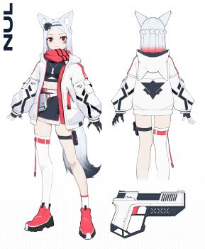 1girl a-pose absurdres animal_ear_fluff animal_ear_hood animal_ears asymmetrical_eyes asymmetrical_legwear belt black_gloves black_hairband black_shoes black_skirt black_sports_bra black_trim braid buckle cat_ears cat_girl character_name claws closed_mouth collared_jacket colored_shoe_soles commentary contrapposto cropped_legs cross-shaped_pupils cyborg dot_nose english_commentary eyeshadow facial_mark fake_animal_ears fanny_pack fingerless_gloves flower_hairband from_behind full_body gloves grey_hair gun hair_intakes hairband half_up_braid handgun high-waist_skirt high_tops highres hood hood_down hooded_jacket invisible_floor jacket jewelry kneehighs knees_together_feet_apart legs_apart long_eyelashes long_hair long_sidelocks long_sleeves looking_at_viewer makeup mark_under_eye mechanical_arms miniskirt multiple_views necklace open_clothes open_hands open_jacket original parted_bangs pink_belt pink_eyeshadow pink_shoes pocket polka_dot polka_dot_background pouch print_jacket prosthesis prosthetic_arm puffy_long_sleeves puffy_sleeves red_eyes red_scarf red_trim reference_sheet scarf science_fiction shoes shoulder_boards sidelocks single_fingerless_glove single_glove single_kneehigh single_mechanical_arm single_sock single_thighhigh skindentation skirt sleeves_past_wrists slip-on_shoes smile snap-fit_buckle sneakers socks sports_bra straight_hair symbol-shaped_pupils thick_eyelashes thigh_belt thigh_pouch thigh_strap thighhighs translucent_hair triangle_cutout triple_vertical_stripe turnaround two-tone_skirt unzipped v-shaped_eyebrows vertigris weapon weapon_focus white_background white_bag white_belt white_jacket white_skirt white_socks white_thighhighs zipper zipper_pull_tab