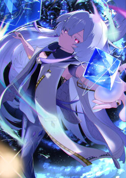 1girl absurdres breasts chromatic_aberration colored_eyelashes commentary_request dress grey_hair hair_between_eyes halo highres holographic_interface jacket long_hair looking_at_viewer mornye_(wuthering_waves) nagon_(user_gdxy5848) parted_lips partial_commentary purple_dress red_eyes small_breasts solo white_jacket wuthering_waves