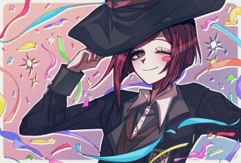 Rule 34 | 1girl, black hat, black jacket, blush, blush stickers, bob cut, border, closed mouth, collared shirt, commentary request, confetti, danganronpa (series), danganronpa v3: killing harmony, diagonal-striped background, eyelashes, hashtag-only commentary, hat, highres, jacket, long sleeves, one eye closed, outline, red hair, shirt, short hair, single blush sticker, smile, solo, sparkle, striped background, upper body, uso265, vest, white border, white outline, yumeno himiko
