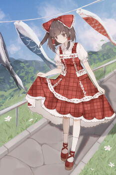Rule 34 | 1girl, absurdres, black eyes, black hair, block heels, bow, closed mouth, clothes lift, cloud, collared shirt, commentary request, day, dress, dress lift, flower, frilled bow, frilled hair tubes, frilled shirt collar, frilled sleeves, frills, full body, grass, hair bow, hair tubes, hakurei reimu, highres, looking down, nanaku, outdoors, plaid bow, plaid clothes, plaid dress, puffy short sleeves, puffy sleeves, railing, red bow, red dress, red shoes, shadow, shirt, shoes, short hair, short sleeves, socks, solo, standing, touhou, white flower, white shirt, white socks