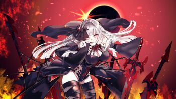 1girl :p breasts bridal_veil cleavage corruption dark_persona detached_sleeves eclipse embers eta_(kage_no_jitsuryokusha_ni_naritakute!) fire highres kage_no_jitsuryokusha_ni_naritakute! kage_no_jitsuryokusha_ni_naritakute!_master_of_garden large_breasts long_hair looking_at_viewer official_alternate_costume official_art planted planted_sword planted_weapon pointy_ears polearm red_eyes solar_eclipse spear sword tongue tongue_out veil weapon white_hair