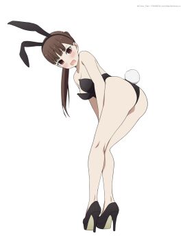 Rule 34 | 1girl, animal ear hairband, animal ears, ass, bare legs, black leotard, black shoes, blush, breasts, brown eyes, brown hair, commentary, coro fae, embarrassed, fake animal ears, fake tail, hairband, high heels, highres, iino miko, kaguya-sama wa kokurasetai ~tensai-tachi no renai zunousen~, leaning forward, leotard, long hair, looking at viewer, medium breasts, open mouth, paid reward available, playboy bunny, ponytail, rabbit ear hairband, rabbit ears, rabbit tail, shoes, simple background, solo, standing, strapless, strapless leotard, tail, twitter username, white background
