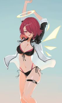 1girl arknights arms_up bikini black_bikini breasts commentary_request detached_wings energy_wings exusiai_(arknights) front-tie_bikini_top front-tie_top gradient_background hair_over_one_eye halo highres jacket large_breasts lilyofhobby looking_at_viewer navel open_clothes open_jacket open_mouth red_eyes red_hair short_hair side-tie_bikini_bottom solo swimsuit thigh_strap wings yellow_halo yellow_wings