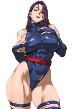 1girl absurdres belt blue_leotard breasts commentary_request covered_abs covered_erect_nipples covered_navel elbow_gloves gloves head_tilt highleg highleg_leotard highres huge_breasts leotard long_hair looking_at_viewer marvel muscular muscular_female partially_fingerless_gloves psylocke purple_eyes purple_hair red_belt sideboob simple_background sleeveless solo taiyang_yu thick_thighs thighs tight_clothes torn_clothes x-men