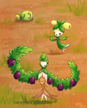 arboliva artist_name blush blush_stickers closed_eyes commentary dolliv english_commentary evolutionary_line eyelashes full_body grass highres imazartz nintendo o_o olive one_side open_mouth outdoors pokemon pokemon_(creature) pokemon_focus smile smoliv tearing_up wavy_mouth