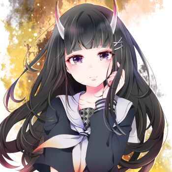 1girl azur_lane black_hair black_shirt commentary hair_ornament hairclip hand_in_own_hair haruko_mugi horns long_hair long_sleeves looking_at_viewer neckerchief noshiro_(azur_lane) purple_eyes sailor_collar shirt solo upper_body white_neckerchief white_sailor_collar x_hair_ornament