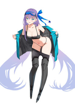 1girl absurdres alternate_costume bare_shoulders blue_eyes blue_ribbon blush breasts cleavage commentary_request fate/grand_order fate_(series) full_body hair_ribbon highres long_hair long_sleeves looking_at_viewer meltryllis meltryllis_(fate) meltryllis_(swimsuit_lancer)_(fate) navel nikuromuline open_mouth prosthesis prosthetic_leg purple_hair ribbon smile solo very_long_hair