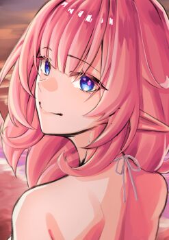 1girl absurdres blue_eyes closed_mouth commentary_request elysia_(honkai_impact) from_behind highres honkai_(series) honkai_impact_3rd korean_commentary long_hair looking_at_viewer looking_back pink_hair pointy_ears portrait purple_pupils pyeong_il shoulder_blades sidelocks smile solo