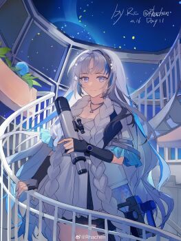 Rule 34 | 1girl, absurdres, black gloves, blue eyes, blue flower, blue hair, chinese commentary, dress, fingerless gloves, flower, girls' frontline, girls' frontline neural cloud, gloves, grey hair, highres, hubble (neural cloud), jewelry, necklace, observatory, rhachen, sky, solo, stairs, telescope, twitter, watermark, weibo username, weibo watermark
