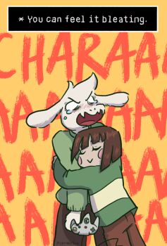 1boy :> androgynous animated animated_gif artist_name asriel_dreemurr blank_eyes blush blush_stickers brown_hair can't_choose_your_own_family chara_(undertale) closed_eyes commentary controller english_text fangs furry furry_male game_console game_controller height_difference hug monster_boy nintendo_64 o_o open_mouth peppermintbee pun shirt siblings source_quote source_quote_parody spoilers striped_clothes striped_shirt sweater tears undertale utdr_(toby_fox) watermark