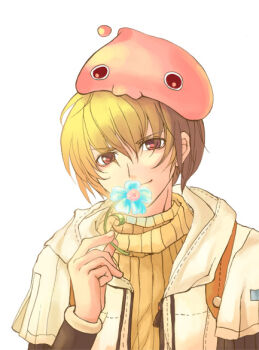 1boy :3 blue_flower brown_eyes brown_hair brown_shirt closed_mouth commentary_request covering_own_mouth creature_on_head flower hair_between_eyes holding holding_flower hunter_(ragnarok_online) jacket looking_at_viewer male_focus migoh poring ragnarok_online shirt short_hair simple_background slime_(creature) smile solo striped_clothes striped_shirt upper_body white_background white_jacket