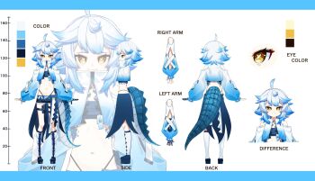 1girl blue_hair crocodilian crocodilian_tail haikuyomi_(819) highres indie_virtual_youtuber lilin_korin(vtuber) non-web_source petite reference_sheet tail virtual_youtuber yellow_eyes