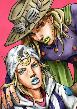 2boys absurdres beanie beard blonde_hair blue_eyes blue_lips bridal_gauntlets cape commentary_request cowboy_hat facial_hair fingernails goggles goggles_on_headwear gold_teeth green_cape green_eyes green_lips grey_hat gyro_zeppeli hat hatching_(texture) heart_ornament highres hood hood_down hoodie horse_print horseshoe_hat_ornament horseshoe_ornament johnny_joestar jojo_no_kimyou_na_bouken kaib0y long_hair looking_at_viewer makeup male_focus medium_hair multiple_boys parted_lips pink_background purple_bridal_gauntlets purple_shirt shirt star_(symbol) star_print steel_ball_run teeth white_hat white_hoodie