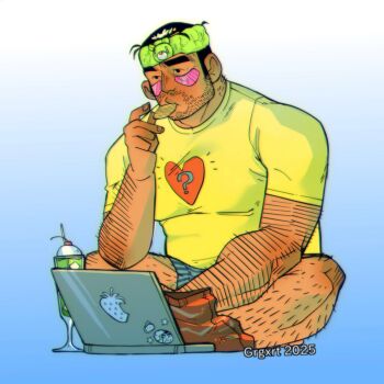 1boy 2025 ? arm_hair artist_name beard_stubble black_hair blue_background boxers chips_(food) commentary computer english_commentary facial_hair facial_mark food food_in_mouth gradient_eyes green_headband grgxrt headband heart heart_print ice_cream ice_cream_float indian_style laptop leg_hair looking_at_object male_focus male_underwear multicolored_eyes muscular muscular_male original potato_chips print_shirt shirt short_hair sitting solo sticker stubble t-shirt thick_eyebrows underwear yellow_shirt