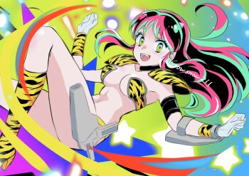 1girl animal_print aqua_hair armor boots breasts cleavage fang feet_out_of_frame floating green_eyes highres horns long_hair looking_at_viewer lum medium_breasts midriff multicolored_hair open_mouth pink_hair print_boots print_shirt print_wristband revealing_clothes shirt shoulder_armor sidelocks smile snow_(snowsnow211) solo tiger_print twintails two-tone_hair urusei_yatsura vambraces yellow_boots yellow_shirt