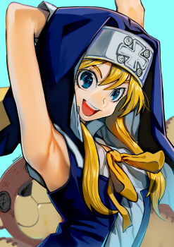 1boy :d absurdres arm_behind_head armpits arms_up blonde_hair blue_background blue_eyes blue_hoodie bridget_(guilty_gear) clip_studio_paint_(medium) eudetenis guilty_gear guilty_gear_xx hair_between_eyes highres hood hoodie long_hair nun open_mouth sleeveless smile solo upper_body