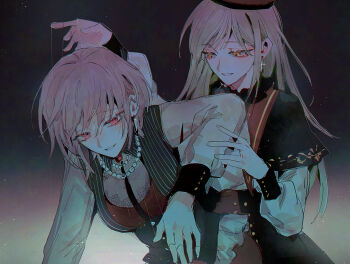 Rule 34 | 2girls, amoris (bang dream!), bang dream!, bang dream! it's mygo!!!!!, black capelet, black corset, black skirt, brooch, capelet, commentary, corset, earrings, green hair, grey background, hat, highres, jewelry, light particles, long hair, long sleeves, maybecrosswise, mortis (bang dream!), mortis (costume) (bang dream!), multiple girls, neck, parted lips, pink eyes, puppet strings, purple eyes, red hat, see-through clothes, short hair, skirt, smile, upper body, wakaba mutsumi, yellow eyes, yuutenji nyamu