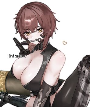 1girl breasts clothing_cutout commentary_request delta_(nikke) delta_(ninja_thief)_(nikke) goddess_of_victory:_nikke highres hip_vent holding holding_kunai holding_weapon knife_in_mouth kunai large_breasts nigmgm_o ninjatou official_alternate_costume short_sword simple_background solo sword weapon weapon_in_mouth white_background