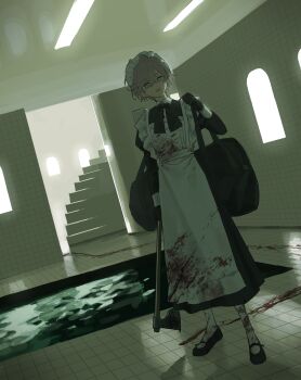 1girl absurdres apron axe bag black_dress black_gloves black_ribbon blonde_hair blood blood_on_clothes blood_splatter blood_trail bloody_weapon bright_pupils commentary_request dream_pool dress duffel_bag dutch_angle earrings frilled_apron frills full_body gloves highres holding holding_axe holding_strap holding_weapon indoors jewelry liminal_space looking_at_viewer maid maid_apron maid_headdress mary_janes mismatched_pupils neck_ribbon open_mouth original pantyhose pool red_pupils ribbon shoes short_hair siotanikun solo stairs standing weapon white_apron white_pantyhose white_pupils
