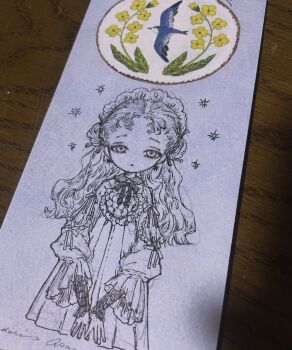 1girl bird blue_bird bow closed_mouth commentary cowboy_shot curly_hair dress flower_request frills hair_ribbon headdress highres karintoun lace_collar lolita_fashion long_hair long_sleeves looking_at_viewer original own_hands_together pale_skin parted_bangs pen puffy_sleeves ribbon sidelocks signature simple_background sketch sparkle standing symbol-only_commentary traditional_media victorian wavy_hair