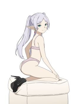 Rule 34 | 1girl, absurdres, ass, bra, closed mouth, coro fae, cushion, earrings, elf, frieren, full body, green eyes, high heels, highres, jewelry, kneeling, panties, pink bra, pink panties, pointy ears, simple background, smile, solo, sousou no frieren, thick eyebrows, thighs, underwear, underwear only, wedgie, white background, white hair