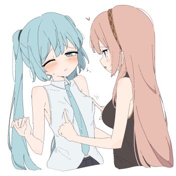2girls bare_arms black_shirt blue_eyes blue_necktie blush brown_hairband closed_mouth collared_shirt commentary_request giryu hairband hatsune_miku heart long_hair megurine_luka meme multiple_girls necktie nipple_guessing_game_(meme) nipple_rub nipple_stimulation one_eye_closed open_mouth pink_hair shirt simple_background sleeveless sleeveless_shirt smile upper_body vocaloid white_background white_shirt yuri