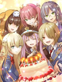 6+girls :d ;d ^_^ absurdres aikawa_megumi animal animal_ear_hood animal_ears animal_on_head asakura_karen_(heaven_burns_red) birthday birthday_cake black_hat blonde_hair blue_jacket blunt_bangs bow bowtie braid cake candle cat cat_ears cat_on_head closed_eyes closed_mouth collared_shirt commentary_request dutch_angle facing_viewer fake_animal_ears food fruit glasses green_eyes grey_hair grin hair_between_eyes hair_ornament hair_over_one_eye hair_ribbon hairclip half_up_braid half_updo happy happy_birthday hat heaven_burns_red highres hood hood_up izumi_yuki_(heaven_burns_red) jacket kayamori_ruka kepekki_kanojo kunimi_tama light_particles long_hair long_sleeves looking_at_viewer multiple_girls necktie on_head one_eye_closed one_eye_covered open_mouth own_hands_together parallel_hairclips peaked_cap pink_hair red_bow red_bowtie red_necktie ribbon round_eyewear shirt short_hair simple_background smile steepled_fingers straight_hair strawberry team_31a_(heaven_burns_red) toujou_tsukasa two_side_up upper_body very_long_hair white_shirt yellow_background yellow_eyes