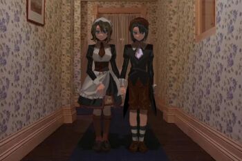 1boy 1girl apron ascot beret black_corset black_dress black_hair black_shoes brown_hair brown_shoes carpet corset dress expressionless full_body grady_sisters_(the_shining) hashtag-only_commentary hat holding_hands indoors juliet_sleeves kanon_(umineko) kneehighs loafers long_sleeves looking_at_viewer maid_apron necktie ogi_(sendi03_) photo_background puffy_sleeves red_necktie red_socks shannon_(umineko) shoes short_hair socks standing straight-on striped_clothes striped_socks the_shining umineko_no_naku_koro_ni waist_apron