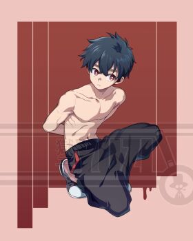 1boy arms_behind_back black_hair hudr5735 kemono_jihen kneeling kusaka_kabane looking_to_the_side male_focus red_background red_eyes shota solo