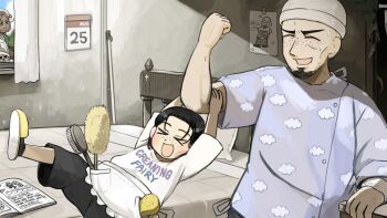 &gt;_&lt; 1boy 2girls :d aged_down apron bald beard bed bird black_hair black_shorts black_socks blue_shirt bulldog calendar_(object) cancer_(disease) chicken clothes_writing cloud_print commentary diva_(hyxpk) doctor dog english_commentary facial_hair father_and_daughter freckles freckles_nun&#039;s_father_(diva) freckles_nun_(diva) grey_hair hair_ornament little_nuns_(diva) multiple_girls open_mouth shirt shorts sick slice_of_life slippers smile socks sponge star_(symbol) star_hair_ornament star_nun&#039;s_aunt_(diva) stethoscope typo waist_apron white_shirt yellow_slippers