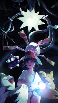 1girl absurdres alolan_form alolan_raichu alternate_color beanie black_hair commentary_request dartrix gen_7_pokemon green_shorts grey_eyes hat highres minior nintendo open_mouth orr_(kkkkbbbbc) pokemon pokemon_(creature) pokemon_sm red_hat selene_(pokemon) shiny_pokemon shirt short_shorts short_sleeves shorts sweatdrop teeth tied_shirt ultra_beast undershirt upper_teeth_only xurkitree