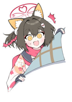 1girl animal_ear_fluff animal_ears black_gloves blue_archive brown_hair commentary_request eyeshadow fang fox_ears fox_girl fox_hair_ornament gloves halo highres izuna_(blue_archive) looking_at_viewer makeup open_mouth partially_fingerless_gloves pink_eyeshadow pink_scarf red_halo scarf short_hair skin_fang solo surprised yellow_eyes yosik