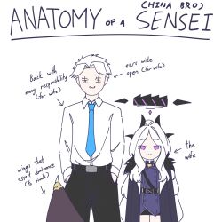 Rule 34 | 1boy, 1girl, :3, ahoge, anatomy of a gamer (meme), arrow (symbol), belt, black coat, black pants, black skirt, blue archive, blue necktie, business casual, coat, coat on shoulders, commentary, demon girl, demon horns, demon wings, english commentary, english text, faceless, faceless male, forehead, fur-trimmed coat, fur trim, half updo, halo, hands in pockets, height difference, highres, hina (blue archive), horns, long hair, long sleeves, looking at viewer, meme, military uniform, necktie, open clothes, open coat, pants, parted bangs, pencil skirt, purple eyes, sam browne belt, sensei (blue archive), shirt, sidelocks, simple background, skirt, smile, symbol-only commentary, uniform, wavy hair, white background, white hair, white shirt, wings, zenome leon