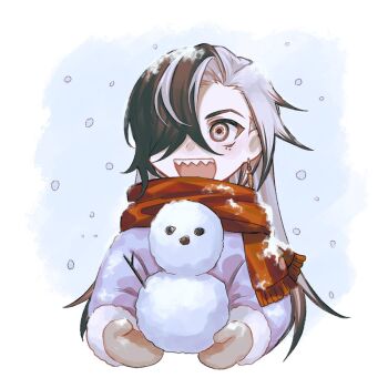 Rule 34 | 1boy, black hair, boothill (honkai: star rail), brown mittens, coat, commentary request, cropped torso, earrings, fur-trimmed sleeves, fur trim, grey eyes, grey hair, holding, holding snowman, honkai: star rail, honkai (series), jewelry, kintama dekin, long hair, male focus, mittens, open mouth, parted hair, piercing, sharp teeth, shell casing, smile, snow, solo, teeth, upper teeth only, white background, white coat, winter clothes