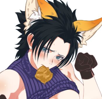 1boy animal_ears bare_shoulders black_hair blue_eyes blue_shirt blush clothes_lift crisis_core:_final_fantasy_vii final_fantasy final_fantasy_vii food_in_mouth fox_boy fox_ears furrowed_brow hair_slicked_back kemonomimi_mode male_focus midriff parted_bangs paw_pose shakunage1 shirt shirt_lift short_hair sleeveless sleeveless_turtleneck solo sweatdrop turtleneck white_background zack_fair